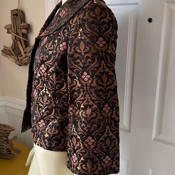 VTG nine west brown & rose gold 90’S brocade jacket removable faux fur trim 4 - Picture 11 of 15